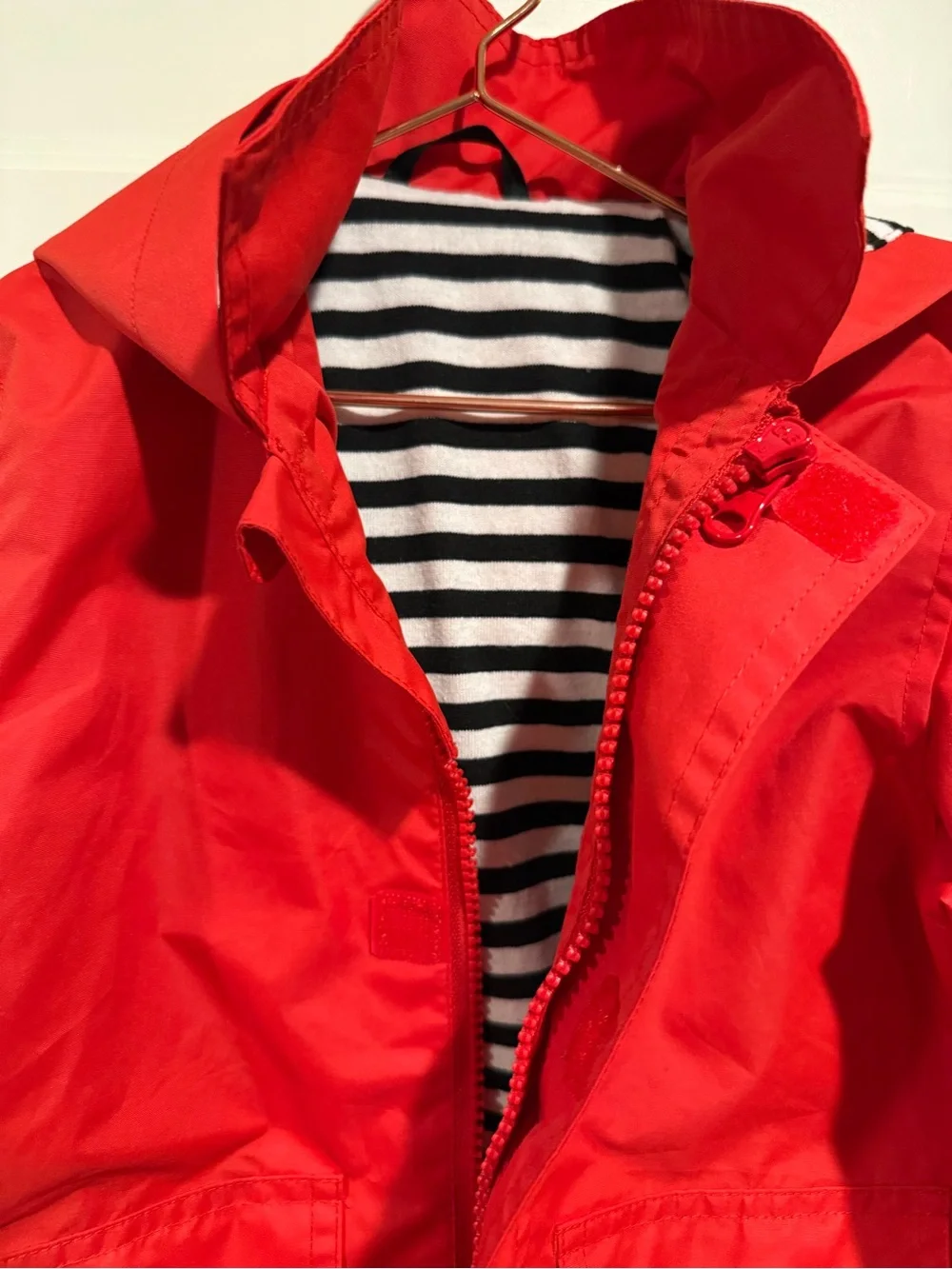 Bright Red Kids' Hooded Raincoat with Striped Lining